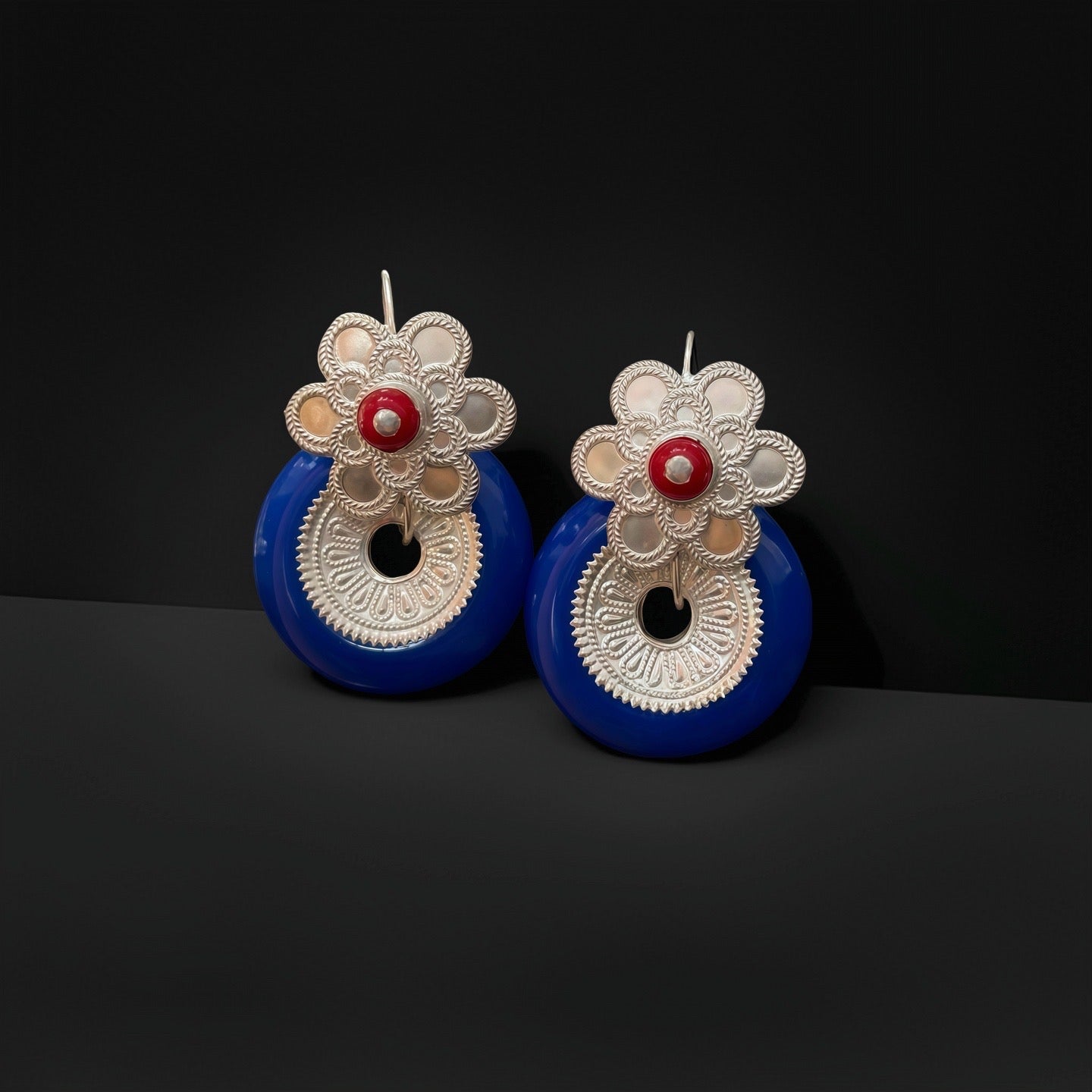 Handcrafted Silver Tribal Earrings with Cobalt Blue Bead & Red Stone, Ethnic Jewelry for Statement Look