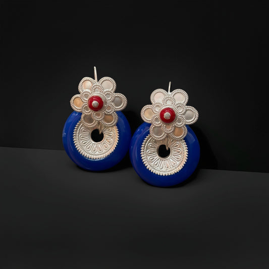 Handcrafted Silver Tribal Earrings with Cobalt Blue Bead & Red Stone, Ethnic Jewelry for Statement Look