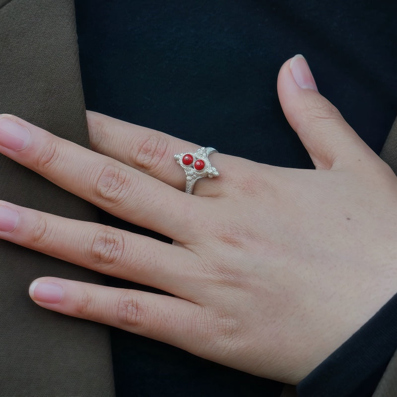 Ethnic Silver Ring with Red Coral, Handmade by Yi Nationality, Traditional Design, 990 Sterling Silver, Ethnic Jewelry for Women