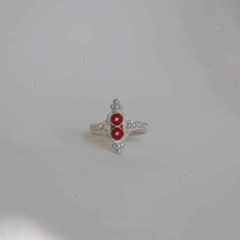 Ethnic Silver Ring with Red Coral, Handmade by Yi Nationality, Traditional Design, 990 Sterling Silver, Ethnic Jewelry for Women