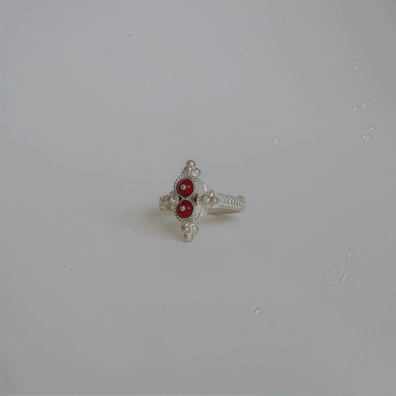 Ethnic Silver Ring with Red Coral, Handmade by Yi Nationality, Traditional Design, 990 Sterling Silver, Ethnic Jewelry for Women