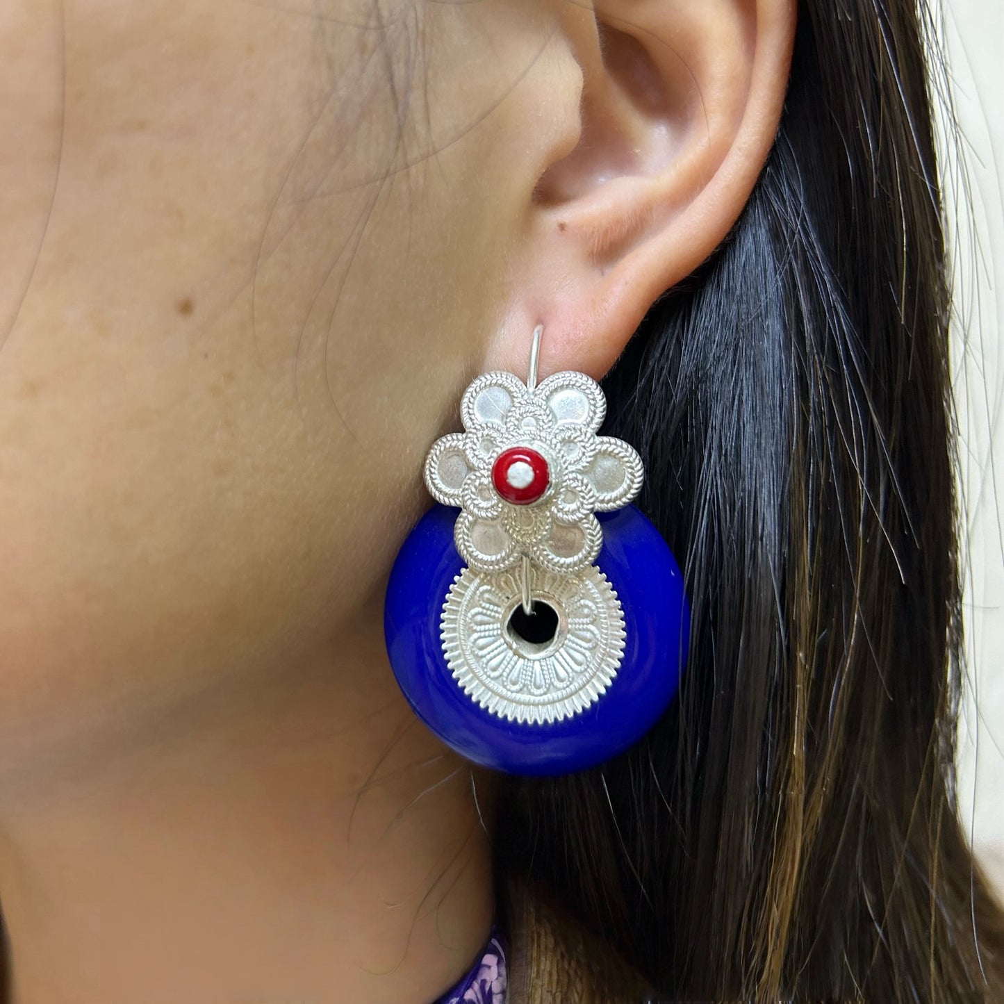 Handcrafted Silver Tribal Earrings with Cobalt Blue Bead & Red Stone, Ethnic Jewelry for Statement Look