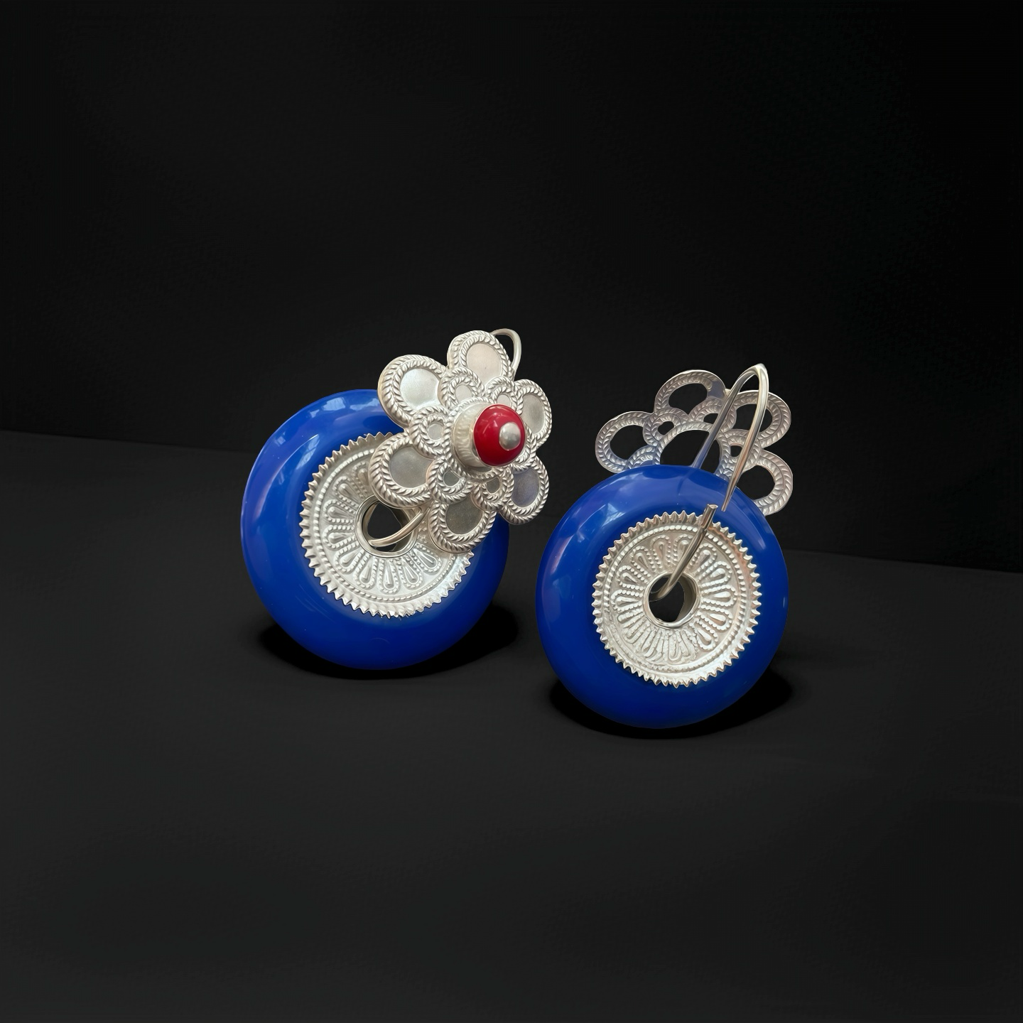 Handcrafted Silver Tribal Earrings with Cobalt Blue Bead & Red Stone, Ethnic Jewelry for Statement Look