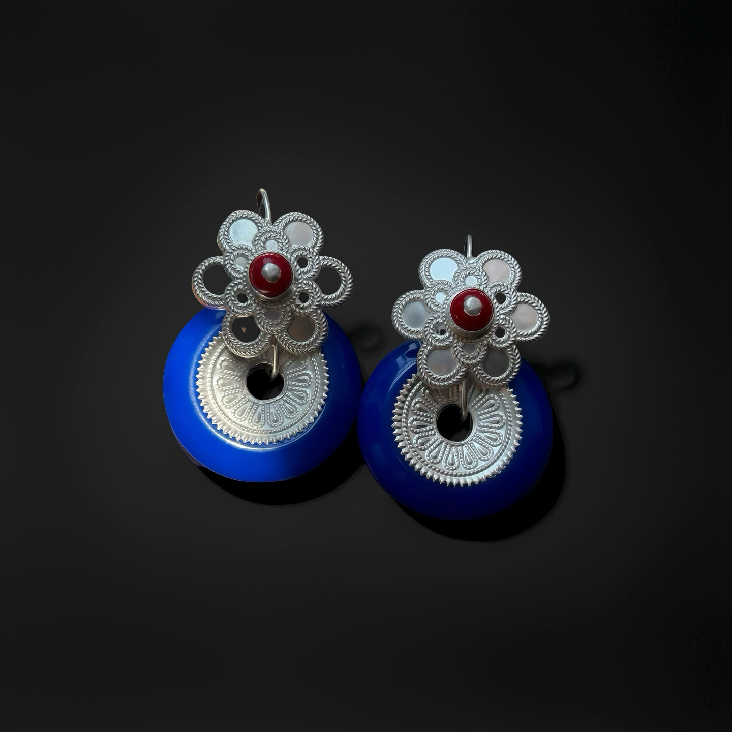 Handcrafted Silver Tribal Earrings with Cobalt Blue Bead & Red Stone, Ethnic Jewelry for Statement Look