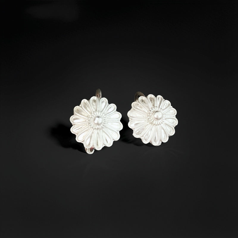 Yi Ethnic 990 Silver Earth Goddess Earrings - Handcrafted Floral Design