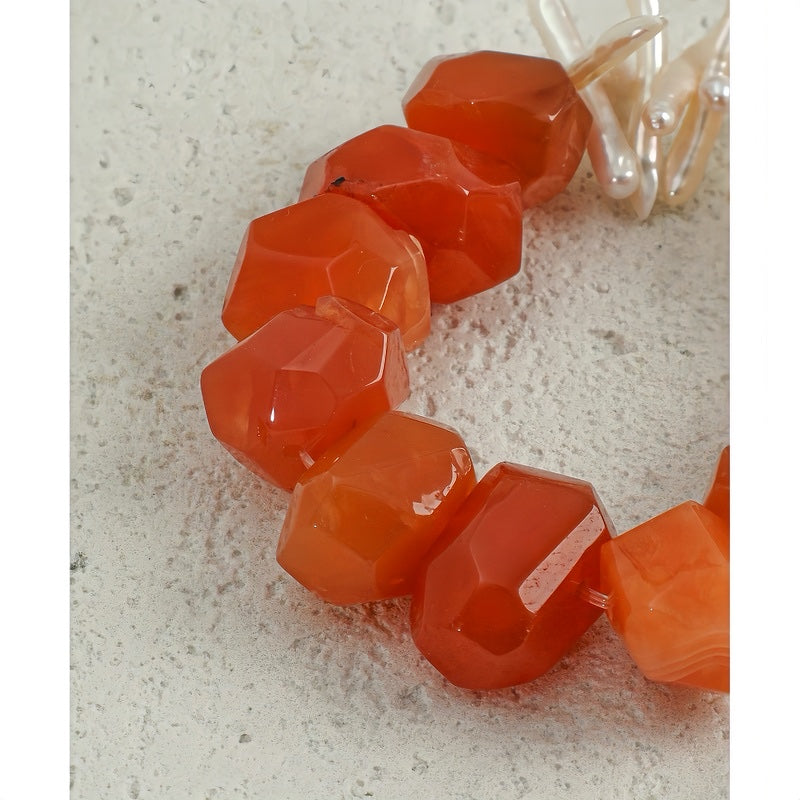 Genuine Red Persian Agate & Slim Rice Pearl Beaded Bracelet – Dainty Stretch Band, Healing Crystal Energy Stone for Everyday Wear, Birthday or Anniversary Gift for Her