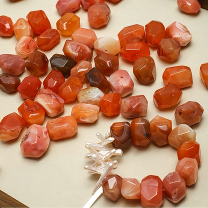 Genuine Red Persian Agate & Slim Rice Pearl Beaded Bracelet – Dainty Stretch Band, Healing Crystal Energy Stone for Everyday Wear, Birthday or Anniversary Gift for Her
