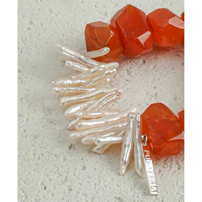 Genuine Red Persian Agate & Slim Rice Pearl Beaded Bracelet – Dainty Stretch Band, Healing Crystal Energy Stone for Everyday Wear, Birthday or Anniversary Gift for Her