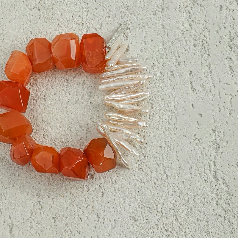Genuine Red Persian Agate & Slim Rice Pearl Beaded Bracelet – Dainty Stretch Band, Healing Crystal Energy Stone for Everyday Wear, Birthday or Anniversary Gift for Her