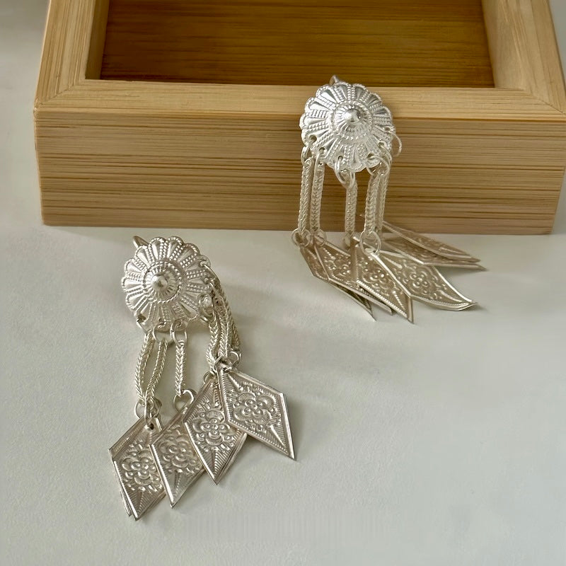 Yi Ethnic Handmade Silver Earrings | Traditional Tribal Design | Boho Statement Earrings for Women | Unique Cultural Jewelry‌