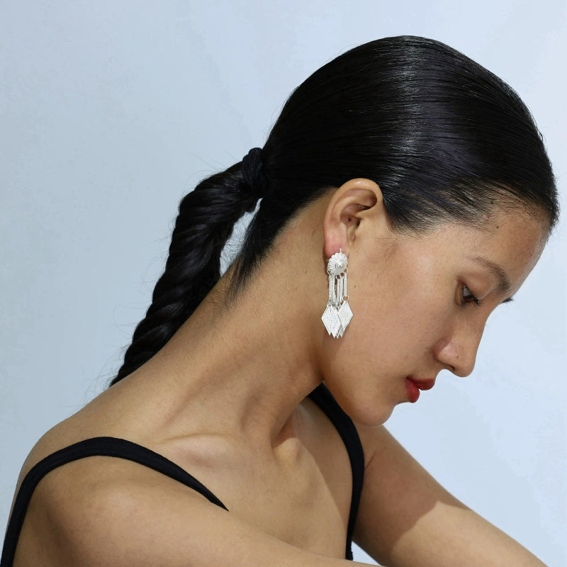 Yi Ethnic Handmade Silver Earrings | Traditional Tribal Design | Boho Statement Earrings for Women | Unique Cultural Jewelry‌