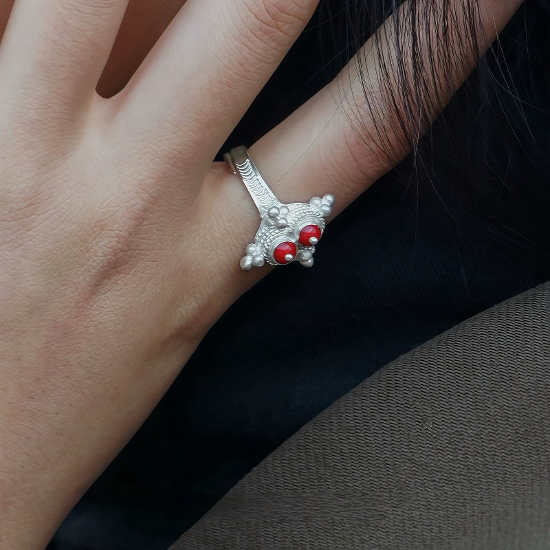 Ethnic Silver Ring with Red Coral, Handmade by Yi Nationality, Traditional Design, 990 Sterling Silver, Ethnic Jewelry for Women