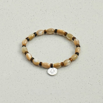Men's Brown Tiger Eye & Natural Trochus Shell Rice Bead Stretch Bracelet – Protection Stone and Ocean Shell Combination, Everyday Stackable Beaded Wristband for Him, Birthday Gift