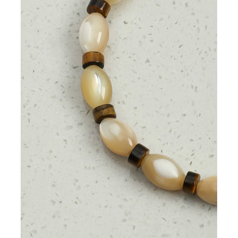 Men's Brown Tiger Eye & Natural Trochus Shell Rice Bead Stretch Bracelet – Protection Stone and Ocean Shell Combination, Everyday Stackable Beaded Wristband for Him, Birthday Gift