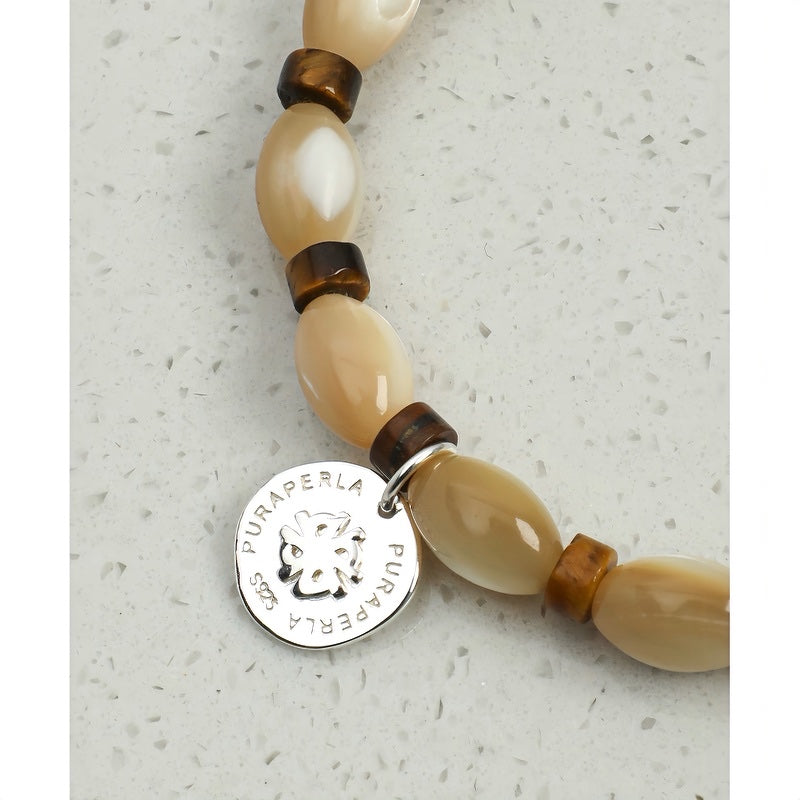 Men's Brown Tiger Eye & Natural Trochus Shell Rice Bead Stretch Bracelet – Protection Stone and Ocean Shell Combination, Everyday Stackable Beaded Wristband for Him, Birthday Gift