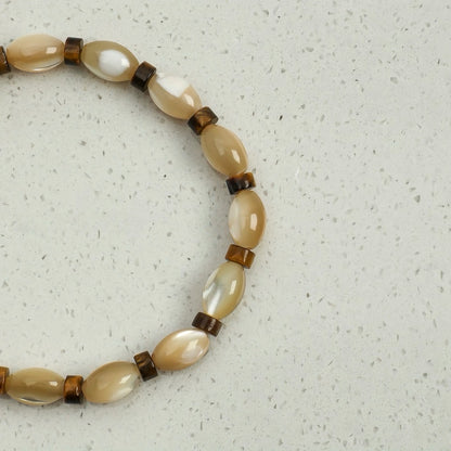 Men's Brown Tiger Eye & Natural Trochus Shell Rice Bead Stretch Bracelet – Protection Stone and Ocean Shell Combination, Everyday Stackable Beaded Wristband for Him, Birthday Gift