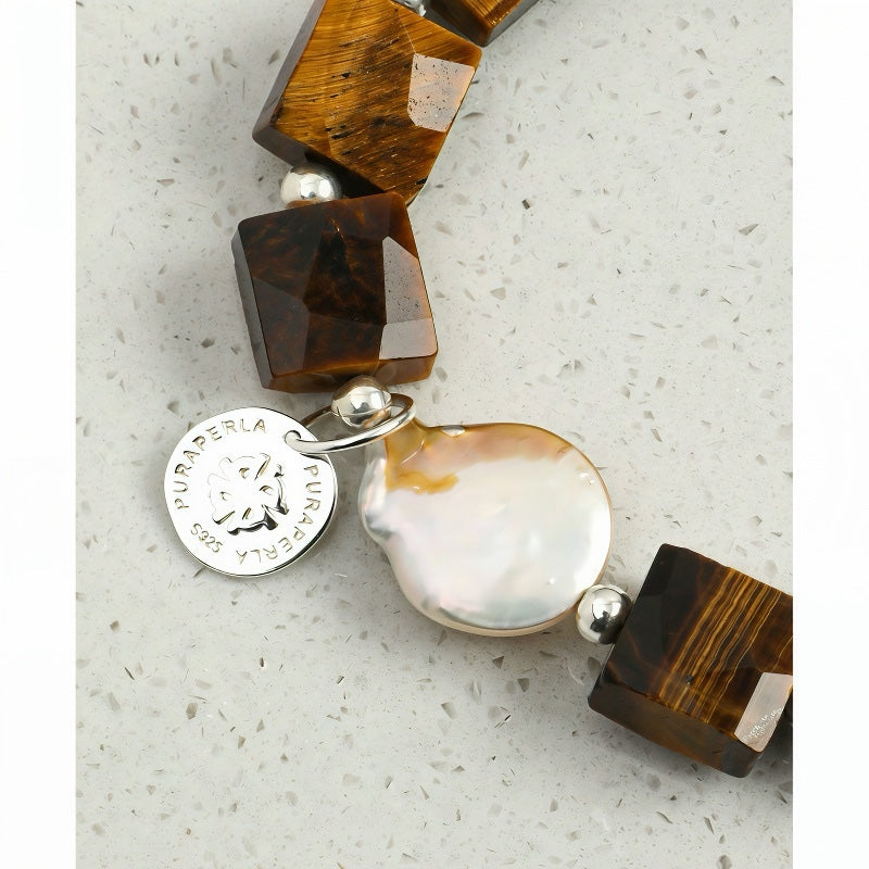 Men's Square Cut Tiger Eye and Irregular Baroque Pearl Stretch Bracelet – Strong Protection Stone & Natural Pearl Combination, Everyday Stackable Beaded Wristband for Him, Birthday Gift