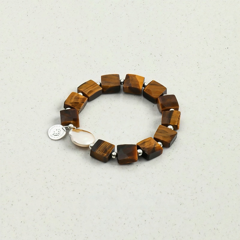 Men's Square Cut Tiger Eye and Irregular Baroque Pearl Stretch Bracelet – Strong Protection Stone & Natural Pearl Combination, Everyday Stackable Beaded Wristband for Him, Birthday Gift