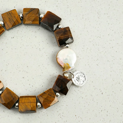 Men's Square Cut Tiger Eye and Irregular Baroque Pearl Stretch Bracelet – Strong Protection Stone & Natural Pearl Combination, Everyday Stackable Beaded Wristband for Him, Birthday Gift