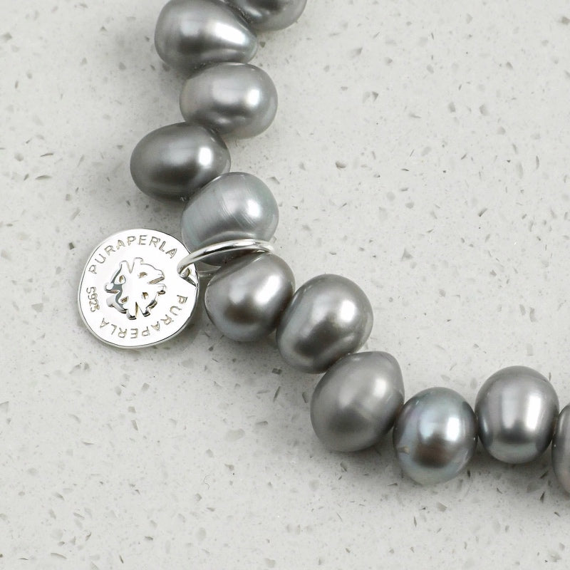 Natural Clear Quartz and Genuine Gray Pearl Stretch Bracelet - Handmade Raw Gemstone Crystal Healing Jewelry for Women, Minimalist Everyday Layering Stacking Gif