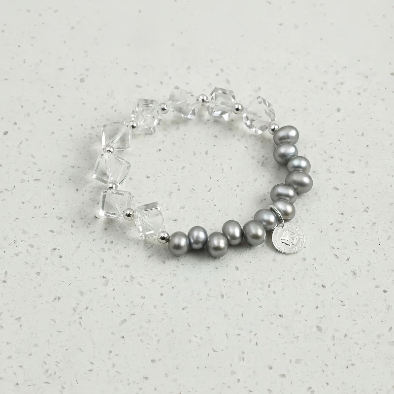 Natural Clear Quartz and Genuine Gray Pearl Stretch Bracelet - Handmade Raw Gemstone Crystal Healing Jewelry for Women, Minimalist Everyday Layering Stacking Gif