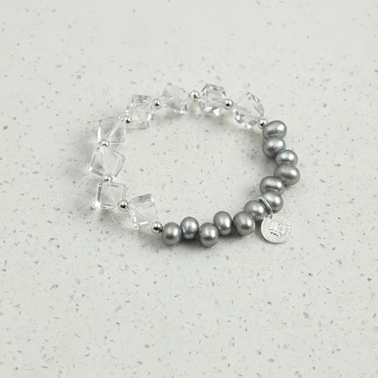 Natural Clear Quartz and Genuine Gray Pearl Stretch Bracelet - Handmade Raw Gemstone Crystal Healing Jewelry for Women, Minimalist Everyday Layering Stacking Gif