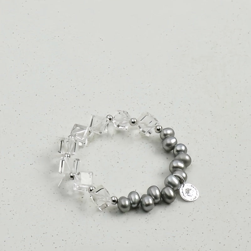 Natural Clear Quartz and Genuine Gray Pearl Stretch Bracelet - Handmade Raw Gemstone Crystal Healing Jewelry for Women, Minimalist Everyday Layering Stacking Gif
