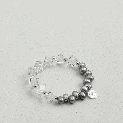 Natural Clear Quartz and Genuine Gray Pearl Stretch Bracelet - Handmade Raw Gemstone Crystal Healing Jewelry for Women, Minimalist Everyday Layering Stacking Gif
