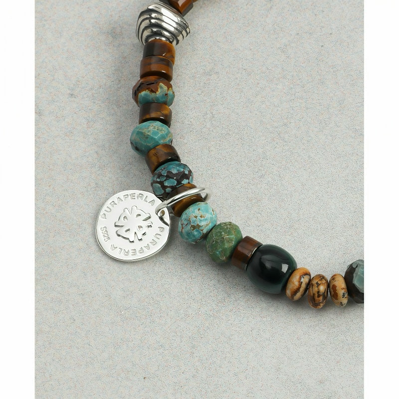 Natural Turquoise and Brown Tiger Eye Stone Bracelet for Men – Sterling Silver Spacer Beads， Stackable Layered Crystal Energy Band， Masculine Protection Jewelry， Birthday or Anniversary Gift for Him