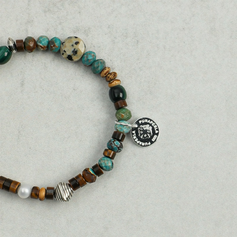 Natural Turquoise and Brown Tiger Eye Stone Bracelet for Men – Sterling Silver Spacer Beads， Stackable Layered Crystal Energy Band， Masculine Protection Jewelry， Birthday or Anniversary Gift for Him