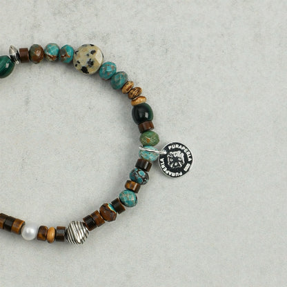 Natural Turquoise and Brown Tiger Eye Stone Bracelet for Men – Sterling Silver Spacer Beads， Stackable Layered Crystal Energy Band， Masculine Protection Jewelry， Birthday or Anniversary Gift for Him