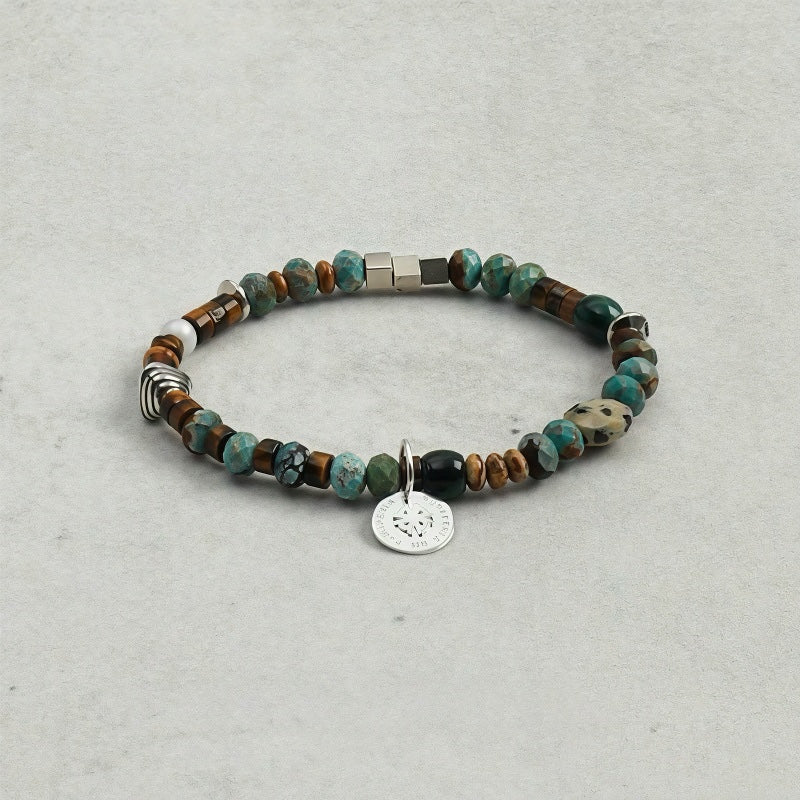 Natural Turquoise and Brown Tiger Eye Stone Bracelet for Men – Sterling Silver Spacer Beads， Stackable Layered Crystal Energy Band， Masculine Protection Jewelry， Birthday or Anniversary Gift for Him