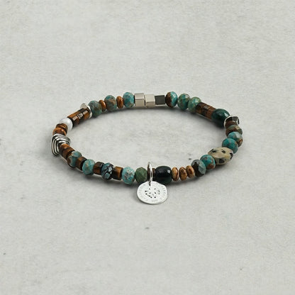 Natural Turquoise and Brown Tiger Eye Stone Bracelet for Men – Sterling Silver Spacer Beads， Stackable Layered Crystal Energy Band， Masculine Protection Jewelry， Birthday or Anniversary Gift for Him