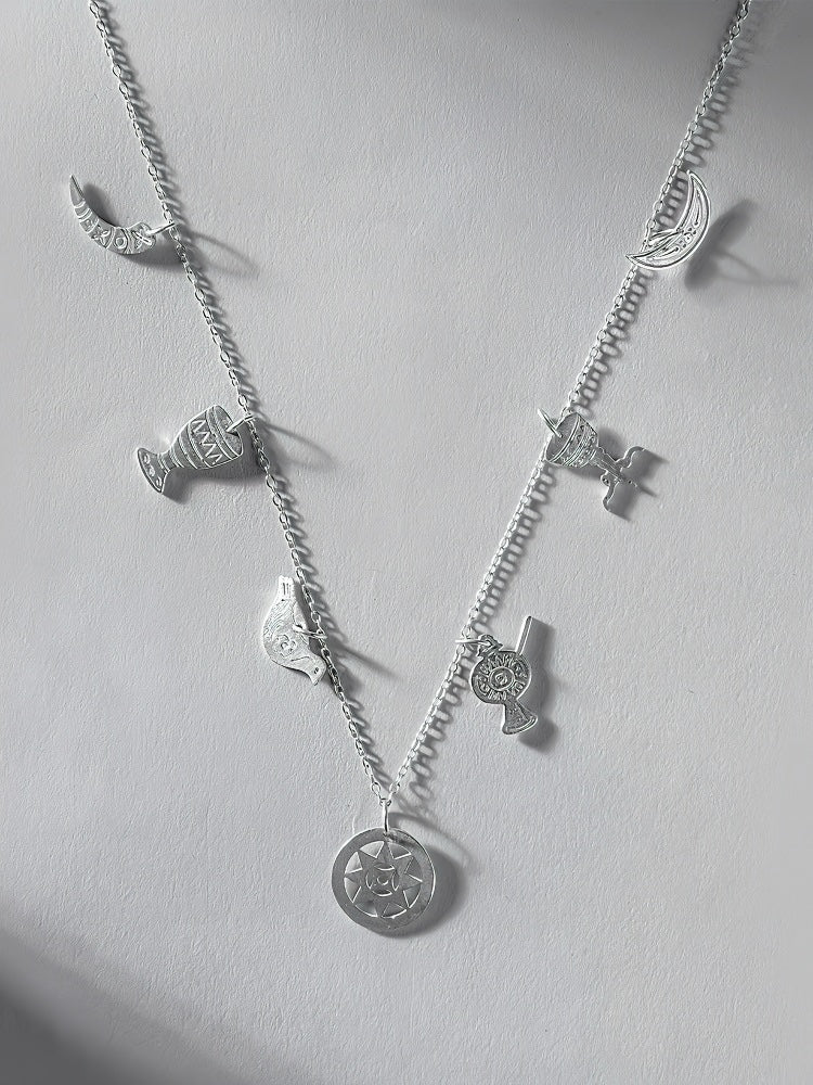Silver necklace with Yi ethnic elements featuring sun and moon totem